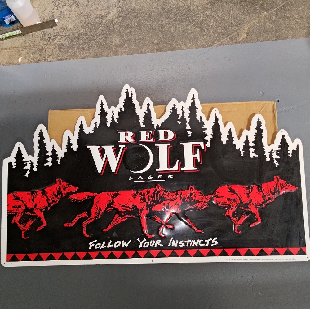 Vintage 1994 Budweiser Anheuser Busch Red Black Wolf Beer Tin Metal Sign
